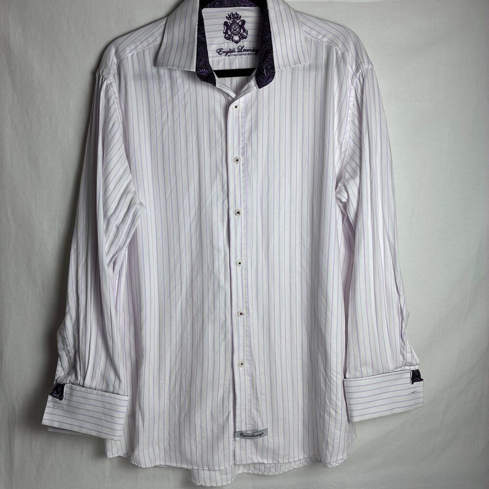 English Laundry Mens 16.5 32/33 Dandy French Cuff Shirt Purple Stripe Paisley